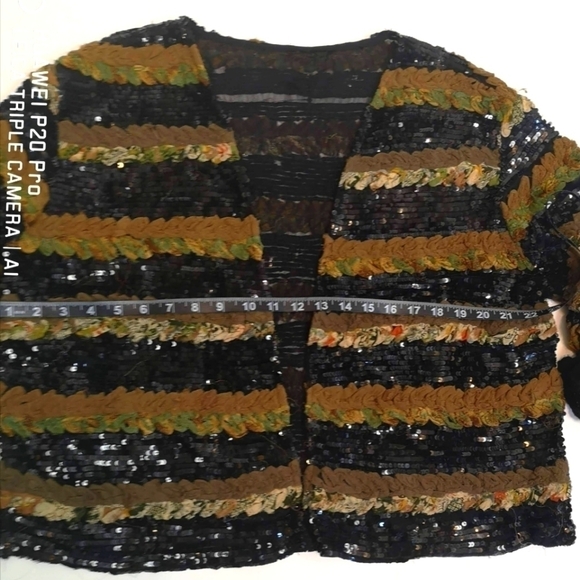 80s oversized silk striped sequins embroidered black collarless jacket - Picture 10 of 12